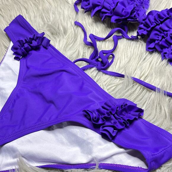 APOLLO Women's Purple Ruffle Halter Neck Backless Bikini Beach Summer Swim Set - Picture 3 of 4